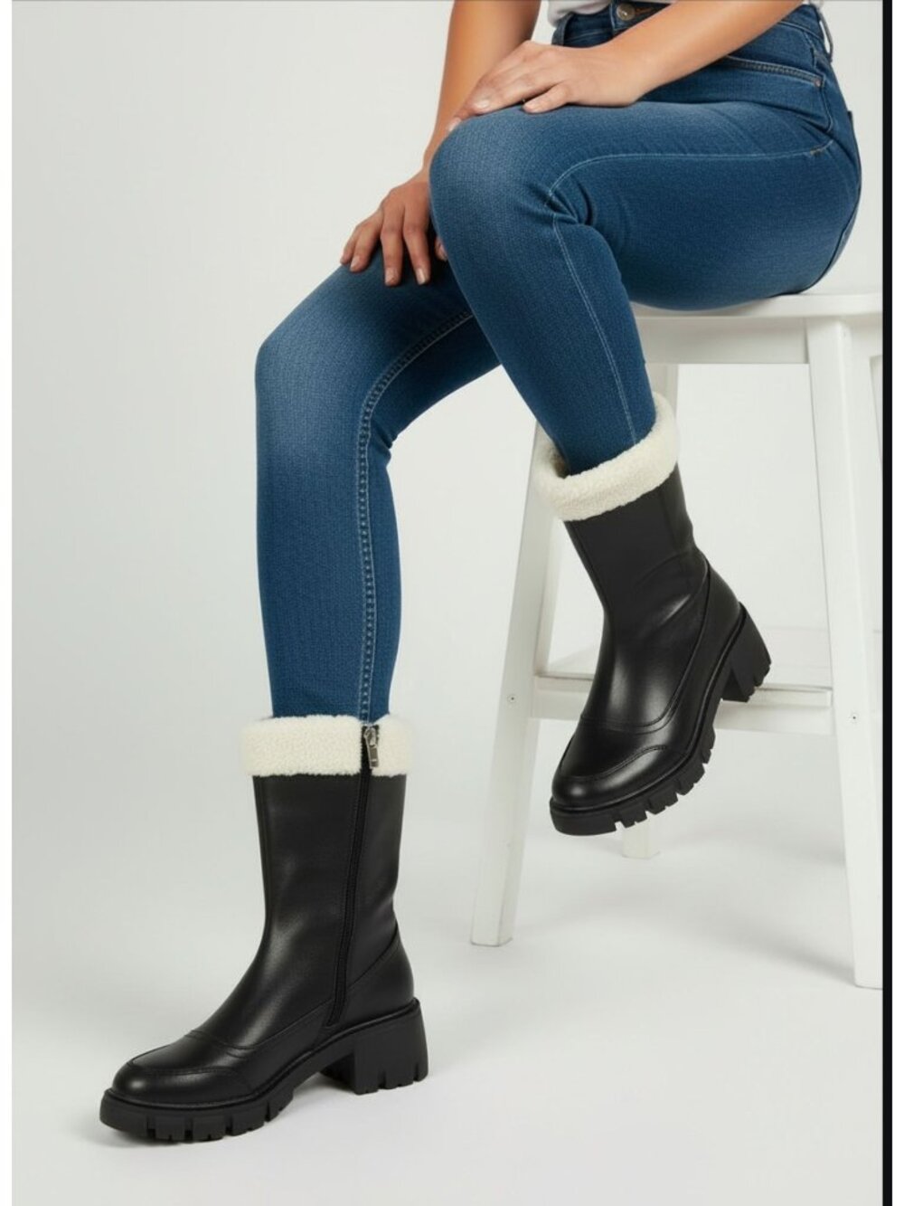 Black Mid-Calf Platform Boots With Shearling Trim & Side Zipper Closure